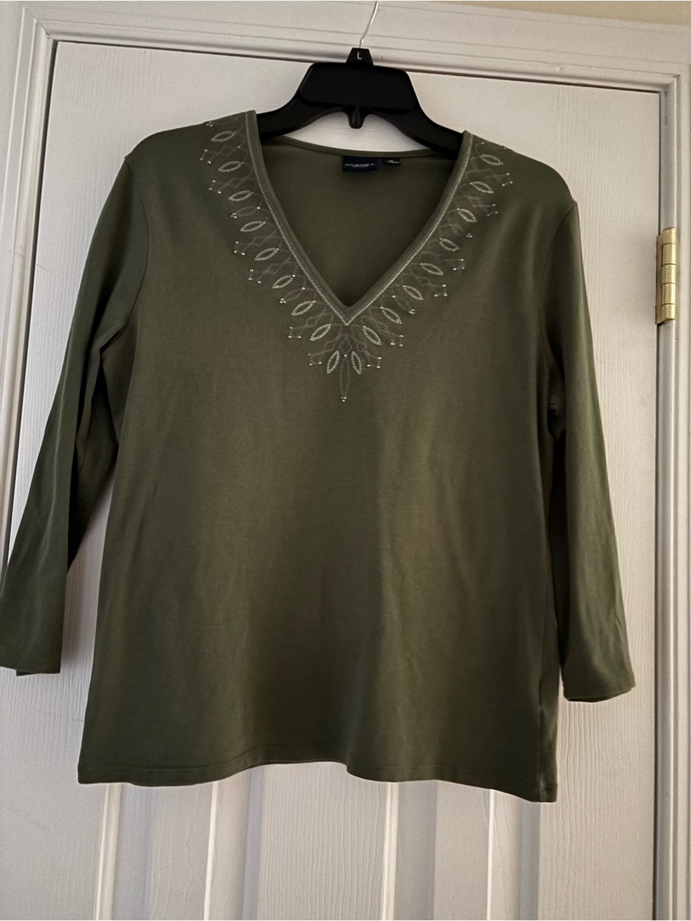 Long Sleeve V-Neck Embroidered Olive Tee - Women